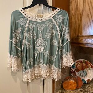 Democracy Teal and White Lace Blouse